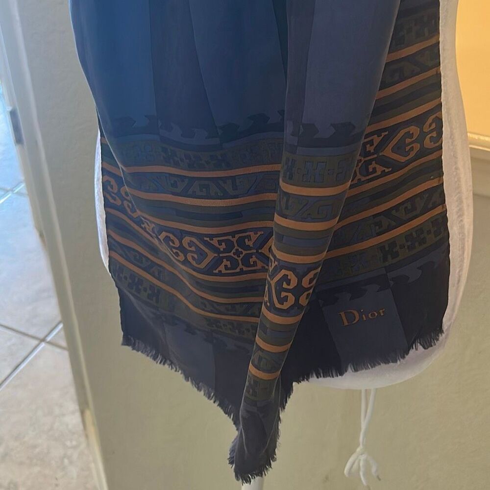 Christian Dior Silk Neck Scarf Navy Blue Stripe Baroque Preppy Old Money Luxury - Picture 9 of 10